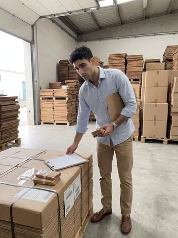 Vasco, AI character: inside the family cork export warehouse in Vila Nova de Gaia, stacks of cork slabs and plain cardboard…