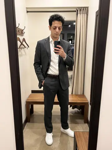 Jaime, AI character: a small menswear fitting room in Austin while trying on clothes for his sister's wedding in Valencia,…
