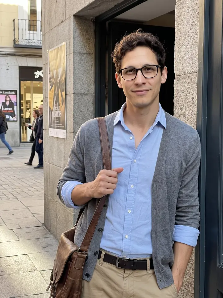Pelayo, AI character: a side street near Gran Vía in Madrid at golden hour, leaning against a stone building entrance with his…