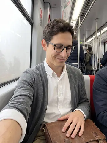 Pelayo, AI character: inside a Madrid Metro Line 6 carriage on a foggy weekday morning, seated by the window with commuters…