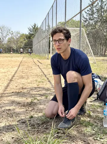 Pelayo, AI character: a dusty football pitch in Casa de Campo after Sunday football with his cousins, trees and a chain fence…