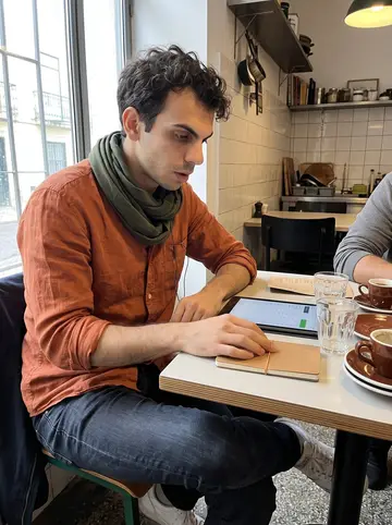 Vítor, AI character: a small Lisbon restaurant before lunch service, sitting at a corner table with the owner while testing his…