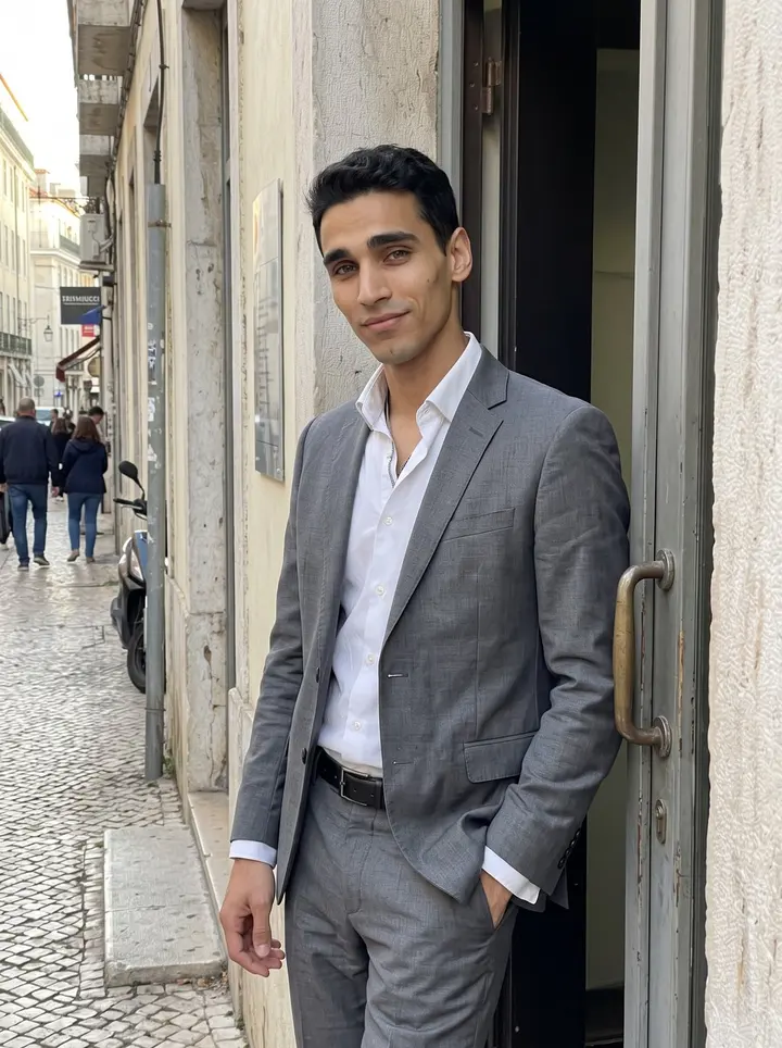 Telmo, AI character: outside a small Lisbon bank branch after work, pale stone wall and a narrow street behind him