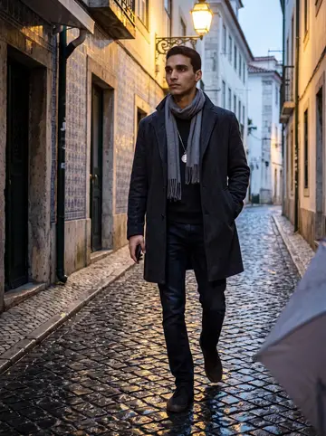 Telmo, AI character: a narrow Alfama street at dusk after rain, tiled doorways and wet cobblestones around him