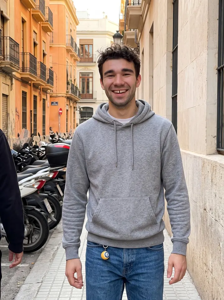 Darnell, AI character: a narrow sunlit street in Valencia near the old town, orange-toned apartment walls and parked scooters…