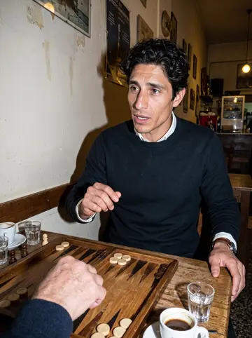 Theofilos, AI character: a small kafeneio in Pangrati during a winter tavli game, wooden table, backgammon board, small glasses of…