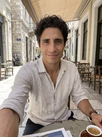 Theofilos, AI character: outside a narrow Athens café before court, bright pavement, small round table, espresso cup and folded…