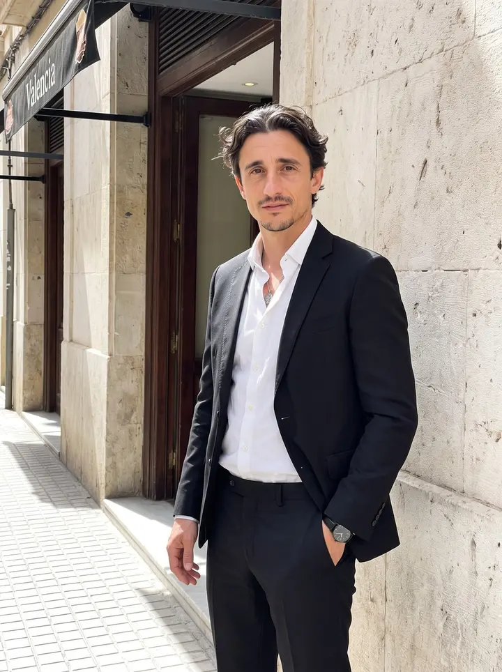 Federico, AI character: outside the Valencia restaurant just before lunch service, leaning against the pale stone wall beside the…