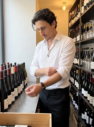 Federico, AI character: the restaurant wine room in Valencia, narrow shelves of bottles behind him and a prep table with tasting…
