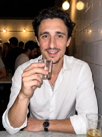 Federico, AI character: a crowded Valencia vermouth bar after a late shift, tiled wall and half-empty glasses behind him