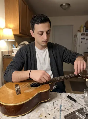 Simão, AI character: his Newark apartment kitchen table late at night, with a battered Portuguese guitar laid across a cloth…