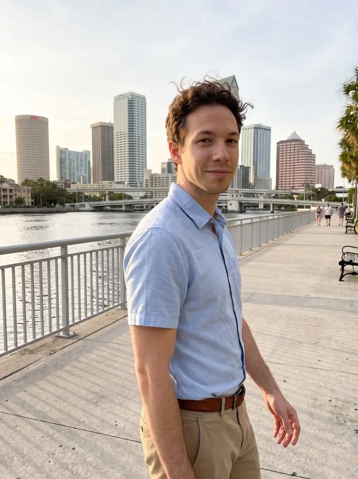 Aurelio, AI character: Tampa Riverwalk near the water just before sunset, downtown towers and the Hillsborough River behind him