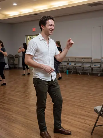 Aurelio, AI character: Tuesday salsa class in a Tampa community center, wood floor and folding chairs along the wall