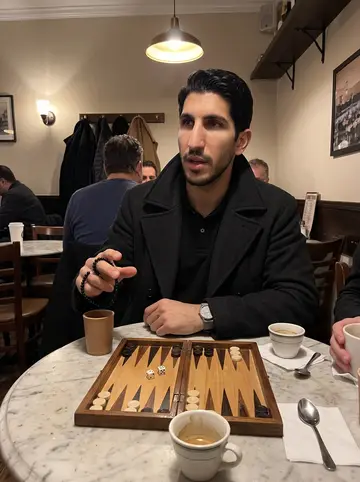 Alkis, AI character: a crowded Greek café in Astoria at night, a tavli board and small cups on a worn marble table, older…