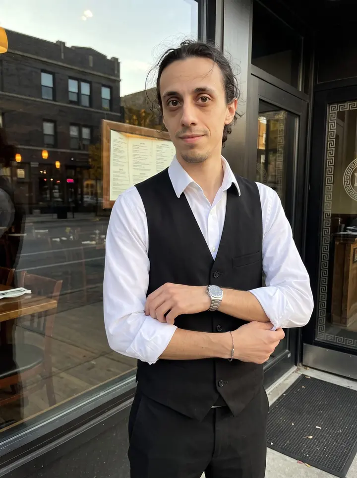 Achilleas, AI character: outside a Greek restaurant on Halsted Street in Chicago's Greektown during a short break between tables,…