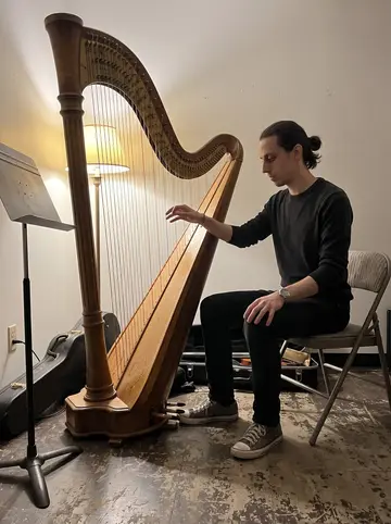 Achilleas, AI character: a rented music practice room after hours, with an old concert harp, a folding chair, and a closed…