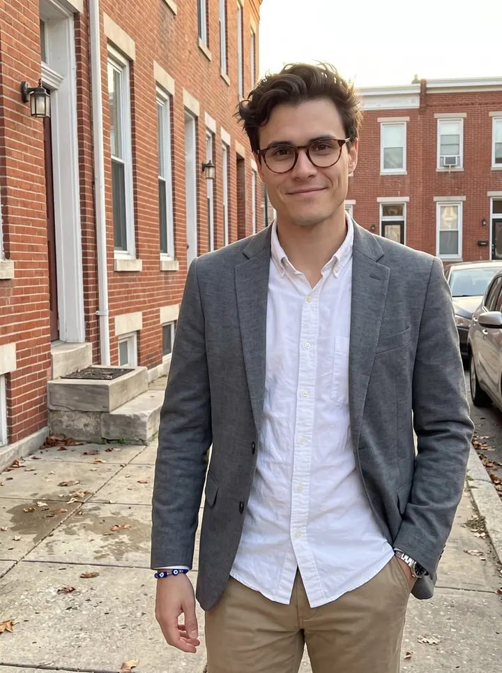 Sotiris, AI character: a Baltimore Greektown side street near brick rowhouses after work, with the harbor light catching the…