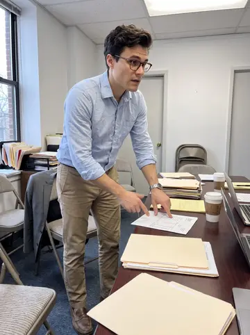 Sotiris, AI character: a small legal clinic conference room in Baltimore, folders and coffee cups on a long table