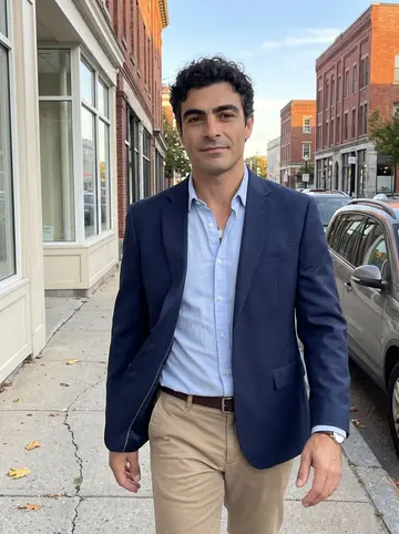 Cândido, AI character: downtown New Bedford near the waterfront after work, brick buildings and parked cars behind him