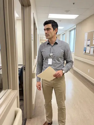 Cândido, AI character: administration hallway at the hospital in New Bedford, outside a meeting room with beige walls and notice…