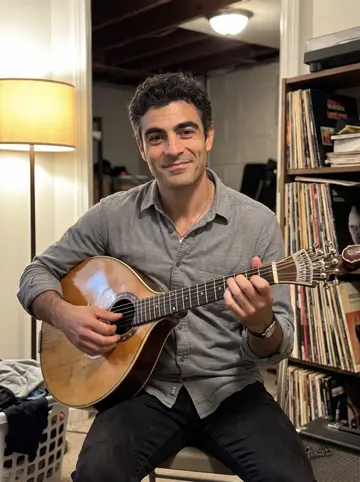 Cândido, AI character: his basement practice corner at home, sitting near a small amp and a shelf of old records