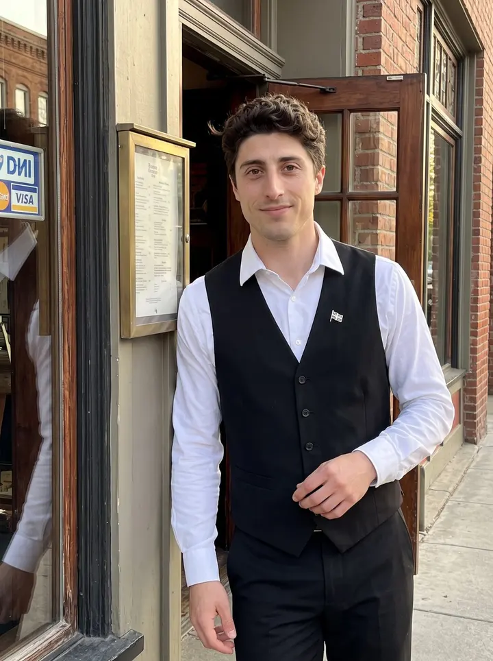 Mikel, AI character: outside the old Basque restaurant on the Basque Block in downtown Boise, standing in the open doorway…