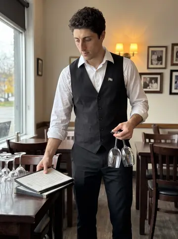 Mikel, AI character: inside the restaurant dining room before opening, between dark wooden tables and framed old family photos