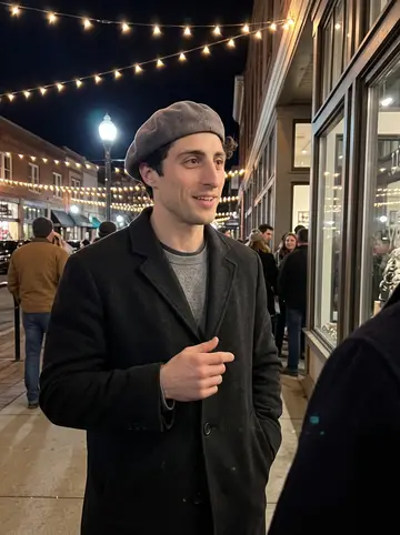 Mikel, AI character: Basque Block holiday street gathering in downtown Boise, small lights strung between storefronts
