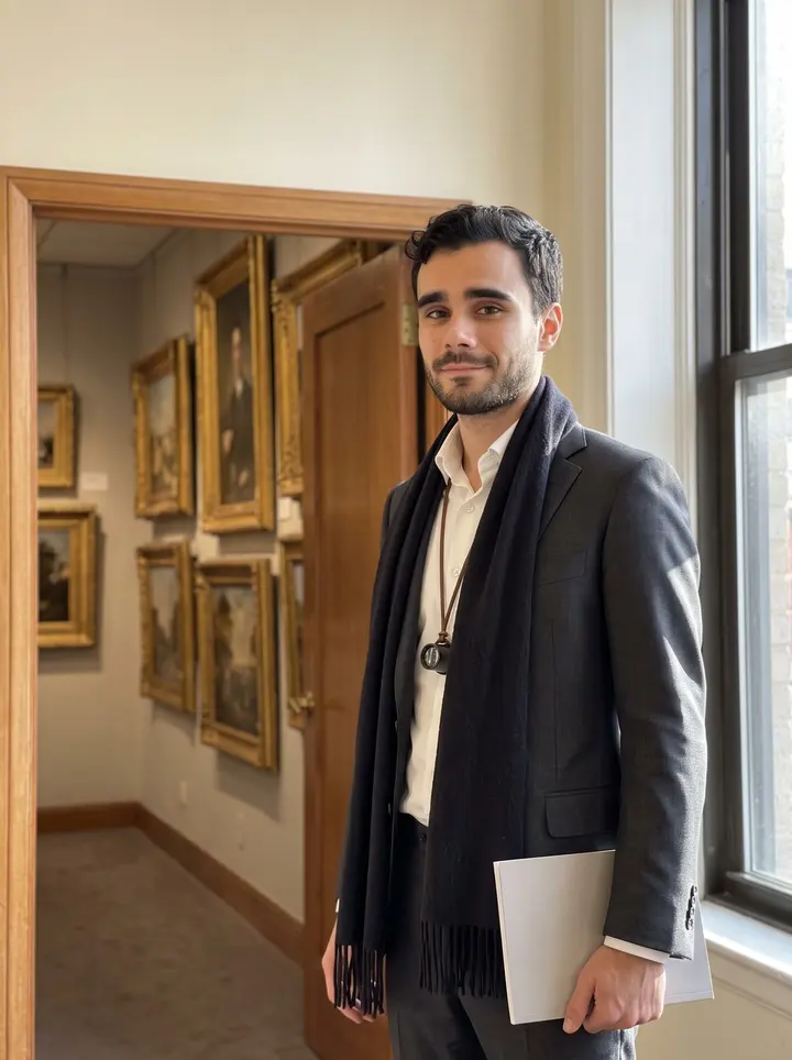 Mateus, AI character: the doorway between two quiet preview rooms at a Manhattan auction house, old gilt-framed paintings on…