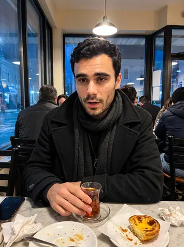 Mateus, AI character: a crowded Portuguese bakery cafe in Newark's Ironbound, small plates of custard tarts and tea on a marble…