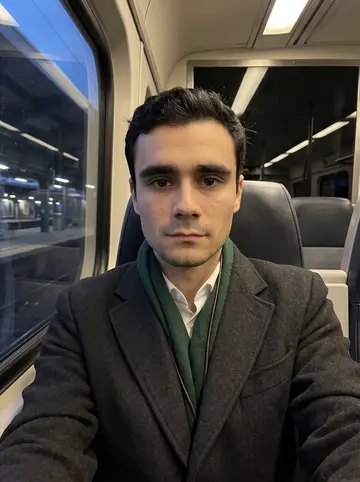 Mateus, AI character: a nearly empty evening train between New York and New Jersey, dark window reflection and blurred station…