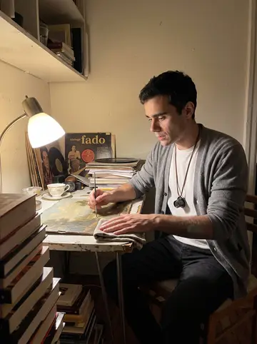 Mateus, AI character: his small New York apartment at night, a damaged landscape painting on a table, fado records stacked…