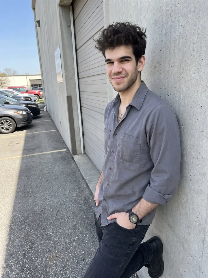 Artur, AI character: outside the Columbus factory loading bay after his shift, leaning against a plain concrete wall near the…