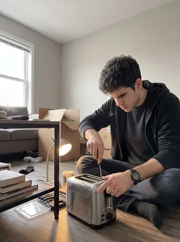 Artur, AI character: living room floor of his new Columbus apartment, a broken toaster opened beside a screwdriver set and a…