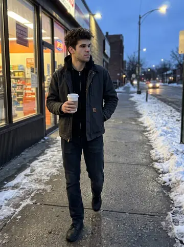 Artur, AI character: quiet apartment-block sidewalk in Columbus during his evening walk, snow piled along the curb and a…