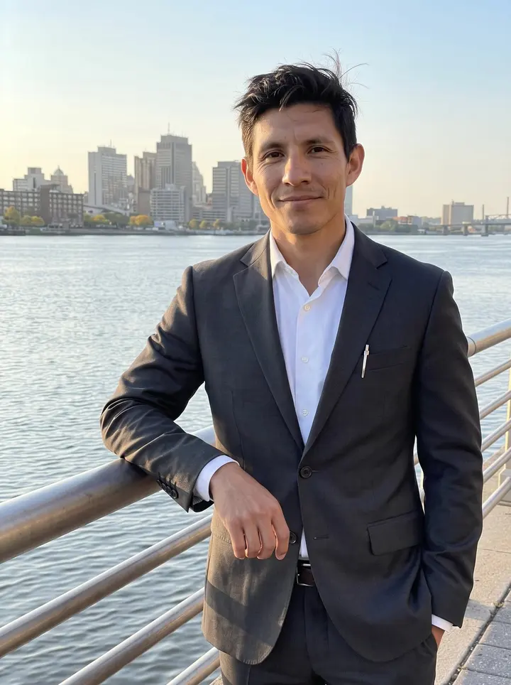Tadeu, AI character: Newark waterfront promenade at low sun, the skyline and river behind him after work