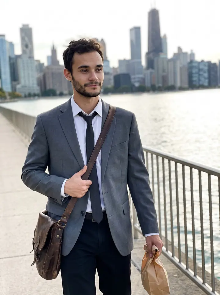 Celso, AI character: the Lake Michigan path near downtown Chicago, low autumn sun on the water, his worn leather satchel strap…