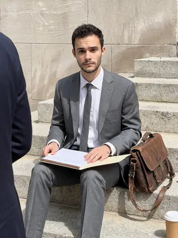 Celso, AI character: stone steps outside a Chicago courthouse during a short lunch break, office workers moving behind him