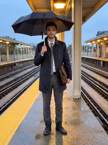 Celso, AI character: a wet CTA platform after work, Chicago tracks shining under station lights, his old leather satchel tucked…