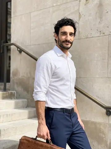 Athanasios, AI character: outside an old stone courthouse on the north side of Chicago after a hearing, leaning near the steps with…