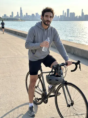Athanasios, AI character: Lakefront Trail near Montrose Harbor on a Sunday ride, with the lake and Chicago skyline far behind him