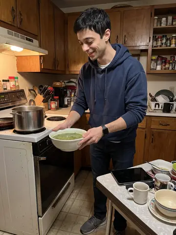 Sílvio, AI character: his avó's warm kitchen in Fall River, a small table crowded with bowls, a soup pot, and an old tablet set…