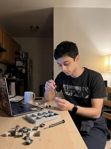 Sílvio, AI character: his apartment kitchen table late at night, custom keyboard parts, keycaps, a small screwdriver, and a…