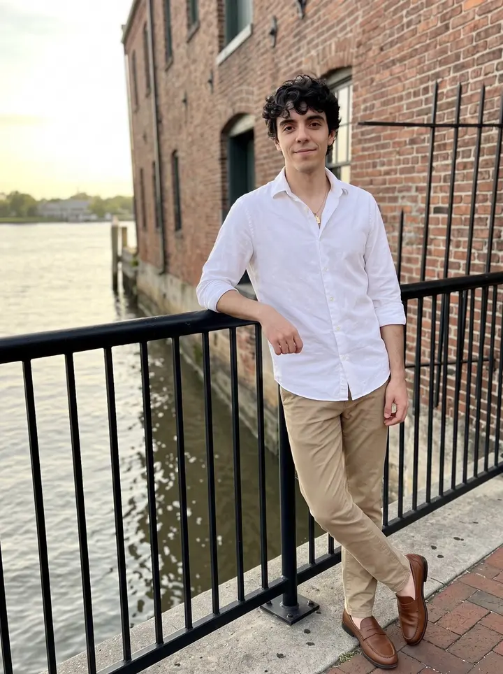 Álvaro, AI character: Savannah riverfront near old brick warehouses, leaning against a black iron railing after work