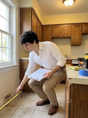 Álvaro, AI character: a water-damaged rental kitchen in Savannah during a daytime claim inspection