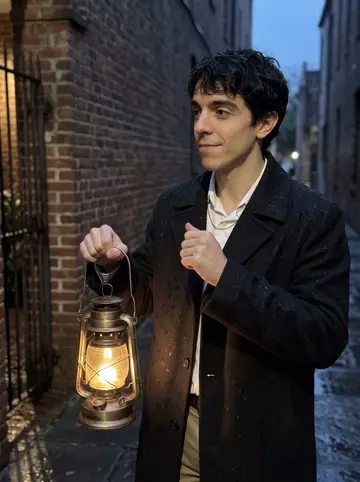 Álvaro, AI character: a brick alley off a Savannah square during one of his evening ghost tours