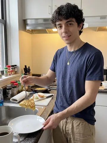 Álvaro, AI character: his small apartment kitchen across the hall, morning light on a cluttered counter