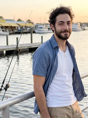 Pavlos, AI character: the Tarpon Springs sponge docks seawall just after sunrise, fishing rods propped against the rail and calm…