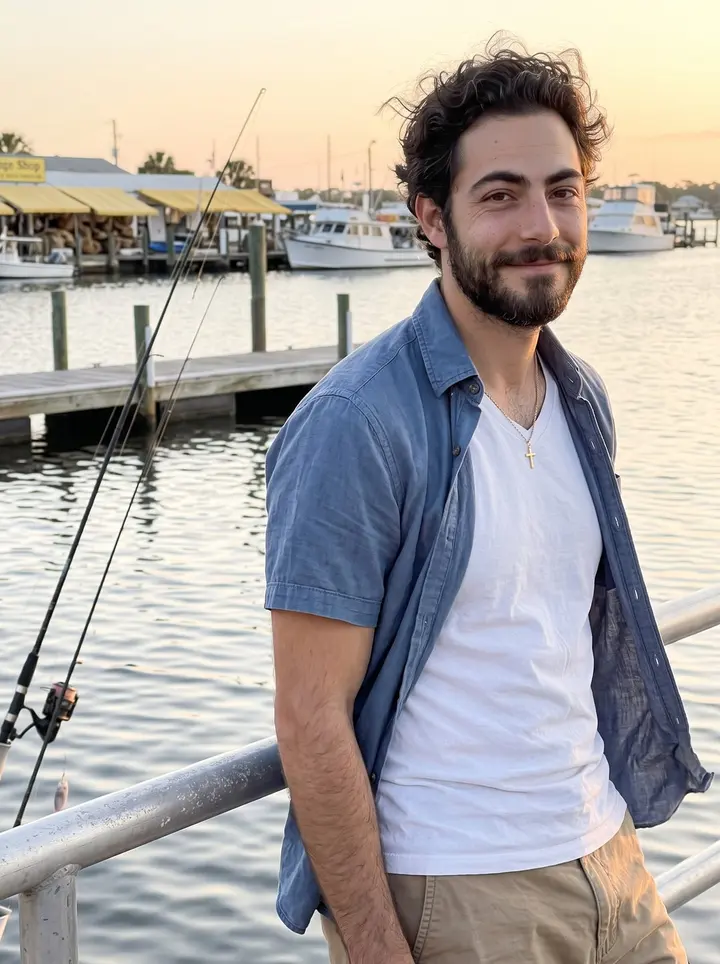 Pavlos, AI character: the Tarpon Springs sponge docks seawall just after sunrise, fishing rods propped against the rail and calm…