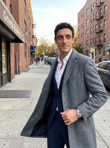 Takis, AI character: a side street in Astoria near a Greek bakery at the end of the workday, storefront awnings and brick…
